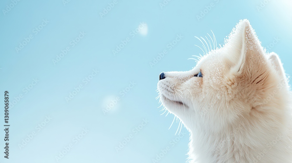 Obraz premium Adorable Arctic Fox Looking Upward Against a Blue Sky Background