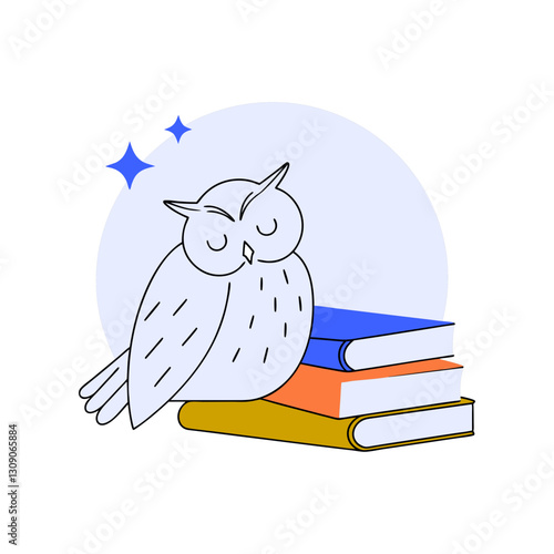 Minimalist vector illustration of a sleepy owl resting on a stack of books. Cute and educational design symbolizing knowledge, learning, and relaxation.