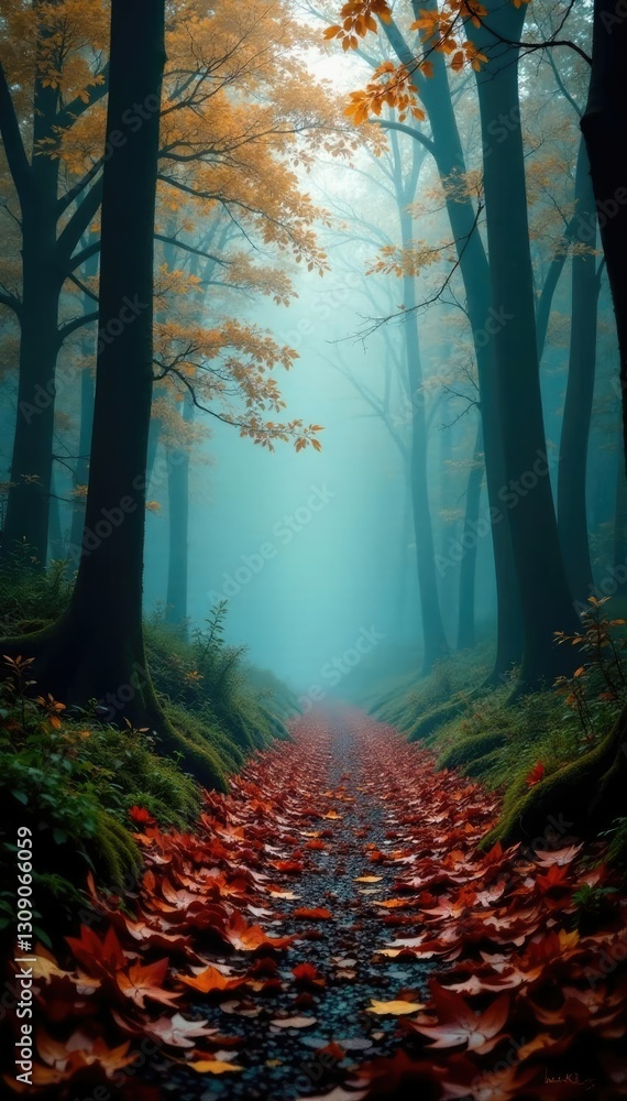 Obraz premium Foggy forest with wet leaves scattered on the ground, mist, leaves