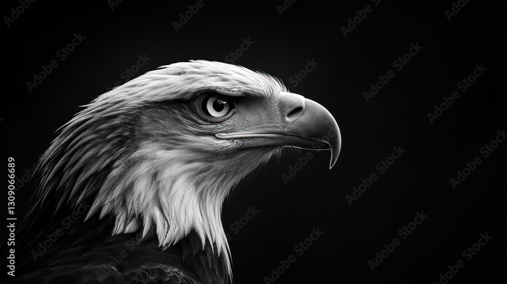 Monochrome portrait of a majestic bald eagle with intense gaze and black background Monochrome portrait of a majestic bald eagle with intense gaze and black background