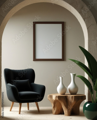 Empty frame mockup in farmhouse living room interior background, poster frame mockup design, mockup frame