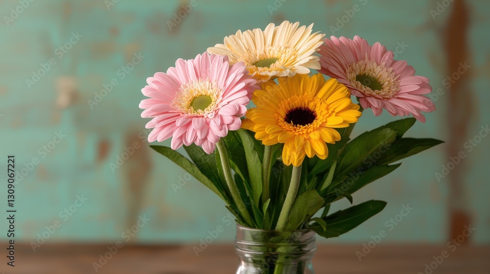 Colorful gerbera daisies in a glass vase on wooden surface.