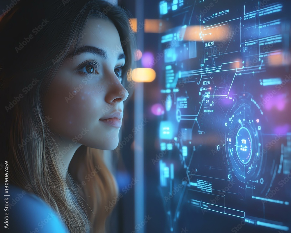 A young woman analyzing digital data on a futuristic interface, showcasing innovation and technology blending. A young woman analyzing digital data on a futuristic interface, showcasing innovation and technology blending.