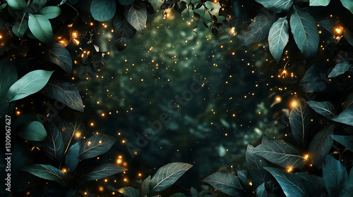 Dark Green Leafy Frame With Sparkling Golden Lights and Blurred Background