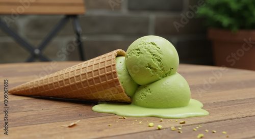 Melting Pistachio Ice Cream Cone on Wooden Table, with copy space