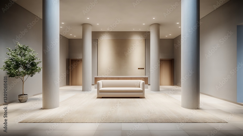 Fototapeta premium Elegant and Modern Lobby Interior with Sofa, Columns, and Planter in Minimalist Design