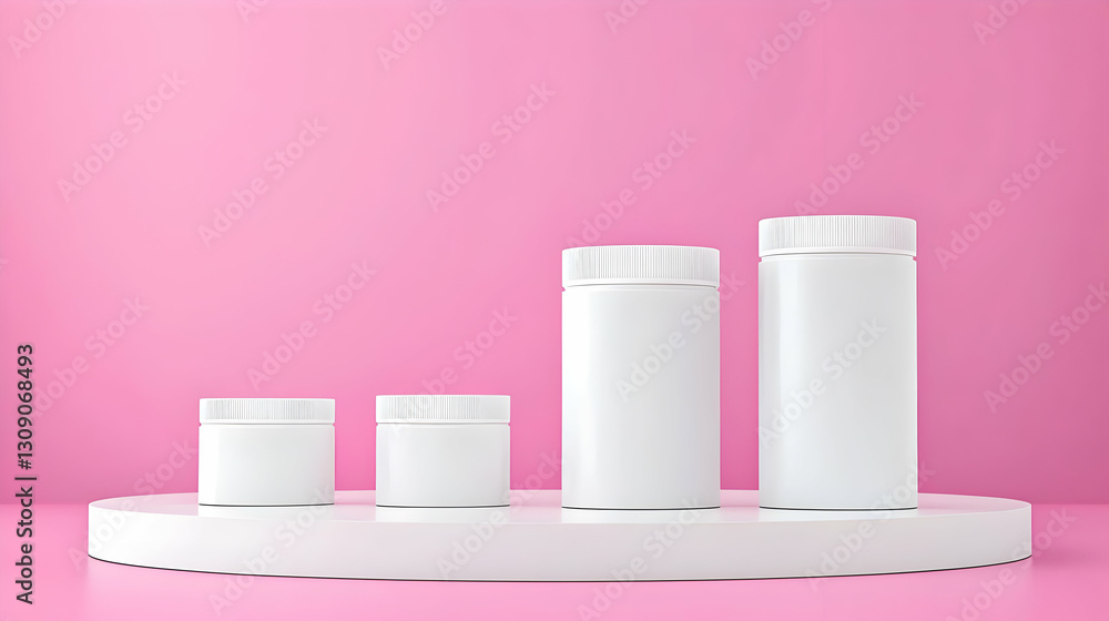 White Cosmetic Jars With Silver Lids Displayed On A White Shelf Against A Pink Background White Cosmetic Jars With Silver Lids Displayed On A White Shelf Against A Pink Background
