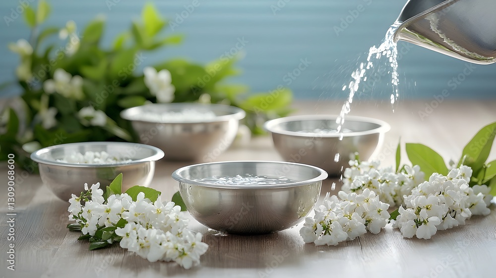 Close up view of intricately arranged jasmine garlands and gleaming silver bowls used in traditional water pouring rituals showcasing the serene and elegant aesthetic of this cultural practice Close up view of intricately arranged jasmine garlands and gleaming silver bowls used in traditional water pouring rituals showcasing the serene and elegant aesthetic of this cultural practice