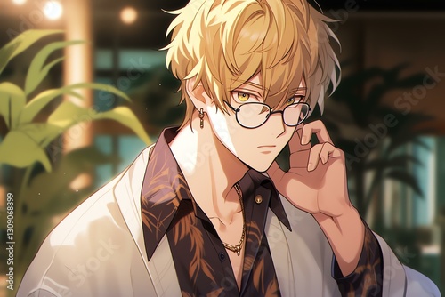 Obraz na płótnie Stylish Anime Man with Glasses - Indoor Setting w salonie