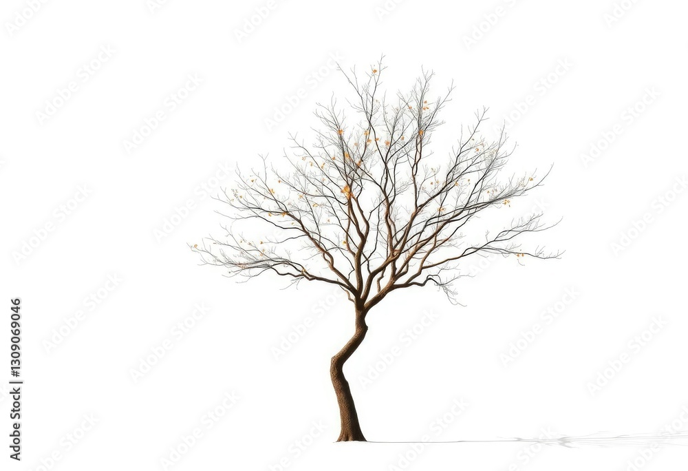 Lone deciduous tree, stark branches against pure white, background, graphic Lone deciduous tree, stark branches against pure white, background, graphic