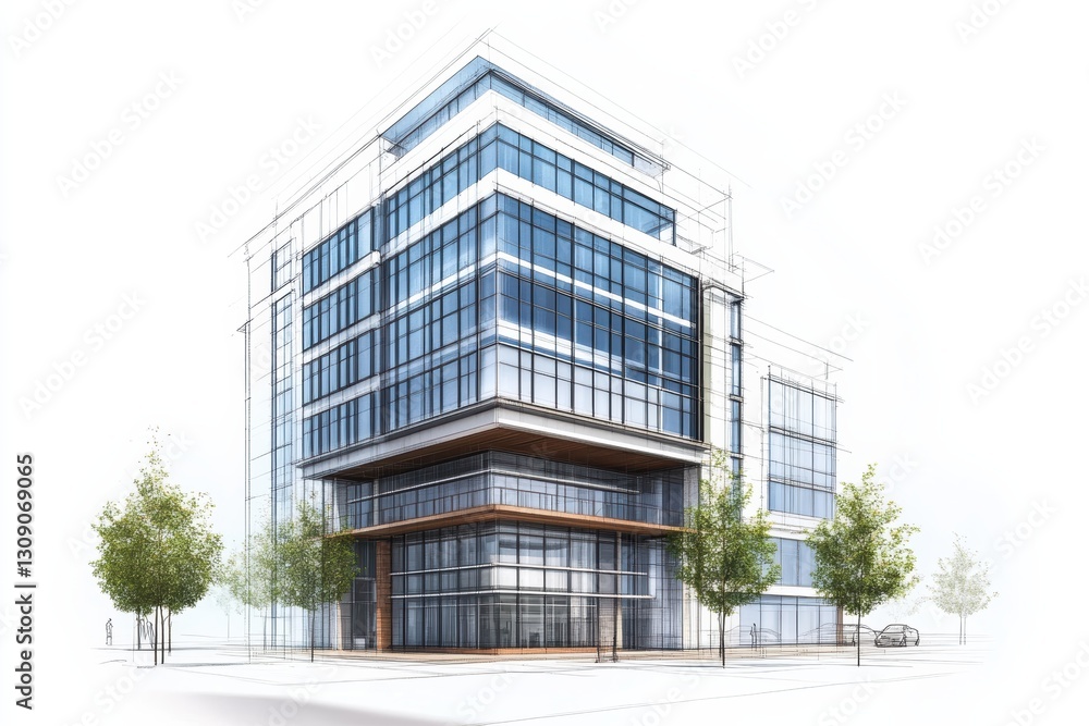 Modern architectural design showcasing a six-story office building with glass facade Modern architectural design showcasing a six-story office building with glass facade