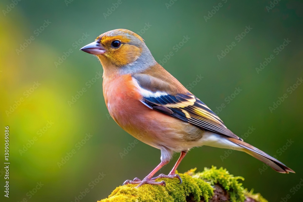 Obraz premium High-resolution close-up of a female chaffinch (Fringilla coelebs) perched on a branch in spring.