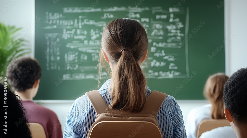 Student in Classroom Focused on Teacher with Black Chalkboard Filled with Mathematical Equations and Formulas Student in Classroom Focused on Teacher with Black Chalkboard Filled with Mathematical Equations and Formulas