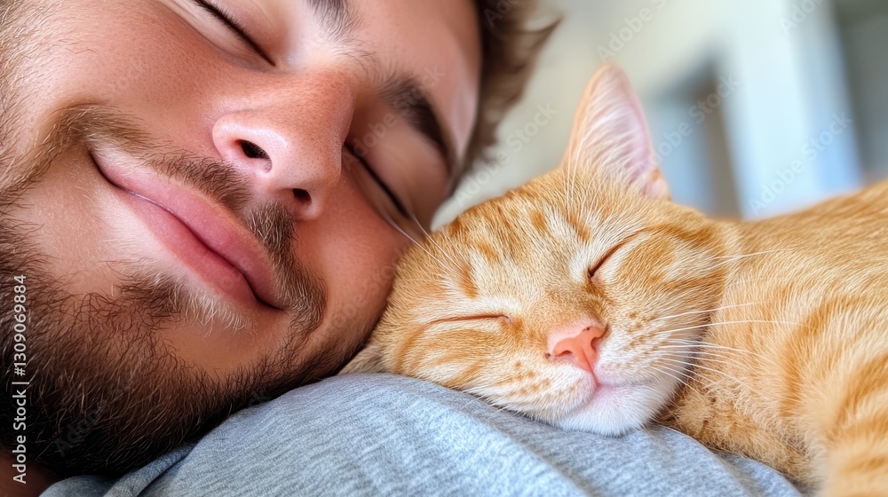 Yellow cat naps peacefully in the lap of a young man on a sunny afternoon Yellow cat naps peacefully in the lap of a young man on a sunny afternoon