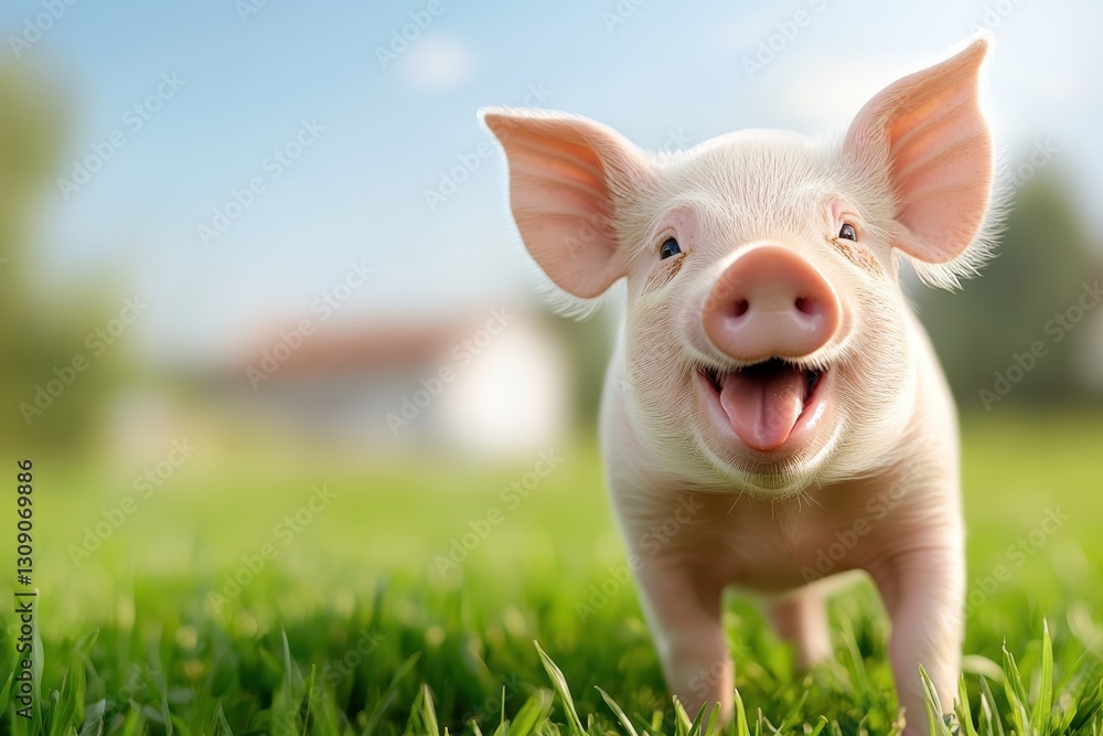 Joyful white pig basking in the sun on a vibrant green meadow Joyful white pig basking in the sun on a vibrant green meadow