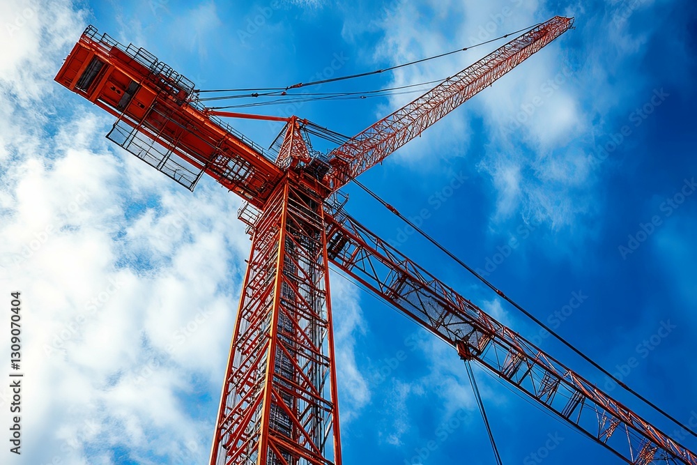 Large red construction crane towering against a blue sky Large red construction crane towering against a blue sky