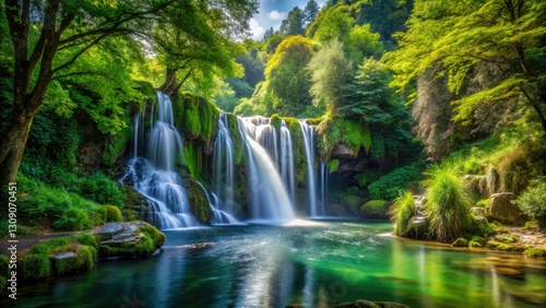 High-resolution panoramic view of Saint-Rome-de-Tarn's waterfall, showcasing lush foliage and tranquil nature.