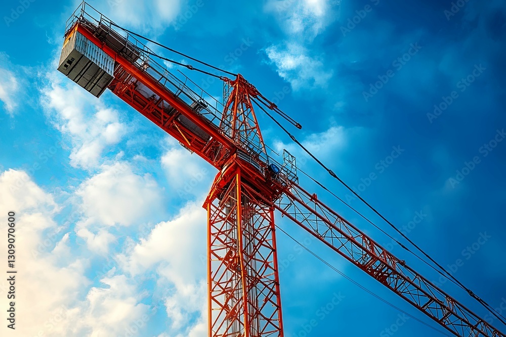 The tall orange construction crane extends against a blue sky The tall orange construction crane extends against a blue sky