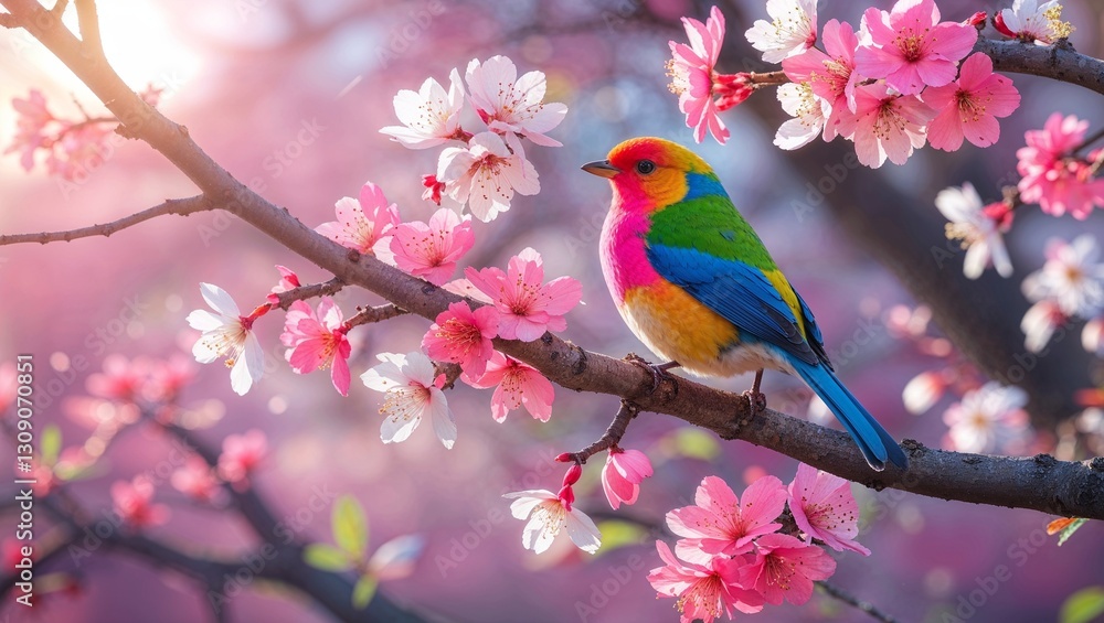 Small colorful bird on a branch, adding vibrancy to the natural landscape Small colorful bird on a branch, adding vibrancy to the natural landscape