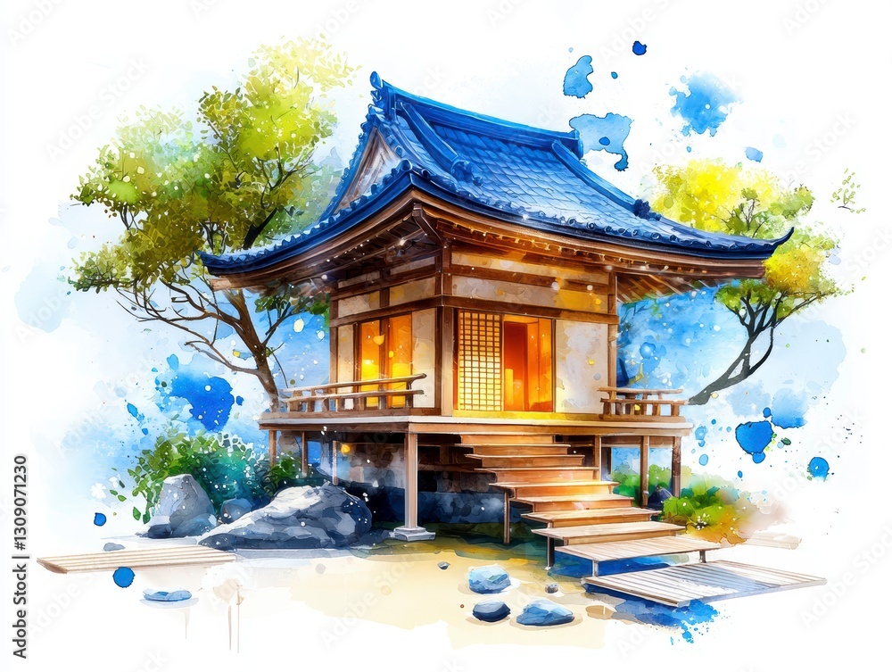 Obraz premium Tranquil japanese tea house scenic garden watercolor painting serene environment artistic view zen concept