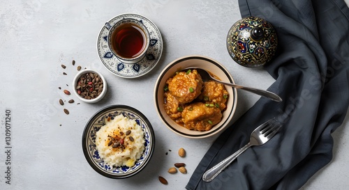 Fototapeta Naklejka Na Ścianę i Meble -  Delicious Middle Eastern Cuisine: Meatballs with Rice and Tea