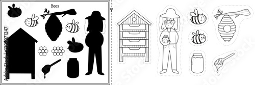 Cut and glue black and white game with cute girl beekeeper and bees. Educational activity page in outline for kids. Matching game for school and preschool. Vector illustration