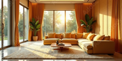 Wallpaper Mural Modern living room interior design featuring a sectional sofa, cream-colored rug, and large windows showcasing a tranquil outdoor view at sunset Torontodigital.ca