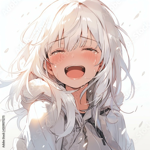 Joyful Anime Girl White Hair Laughing Crying