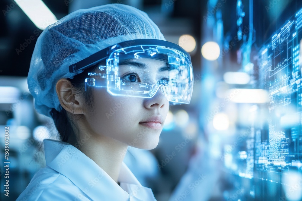 Female Scientist Using Augmented Reality Glasses in Lab Environment Female Scientist Using Augmented Reality Glasses in Lab Environment