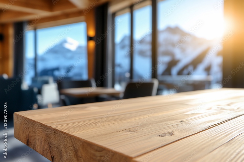 Rustic Wooden Table Mountain View Winter Chalet Interior Rustic Wooden Table Mountain View Winter Chalet Interior