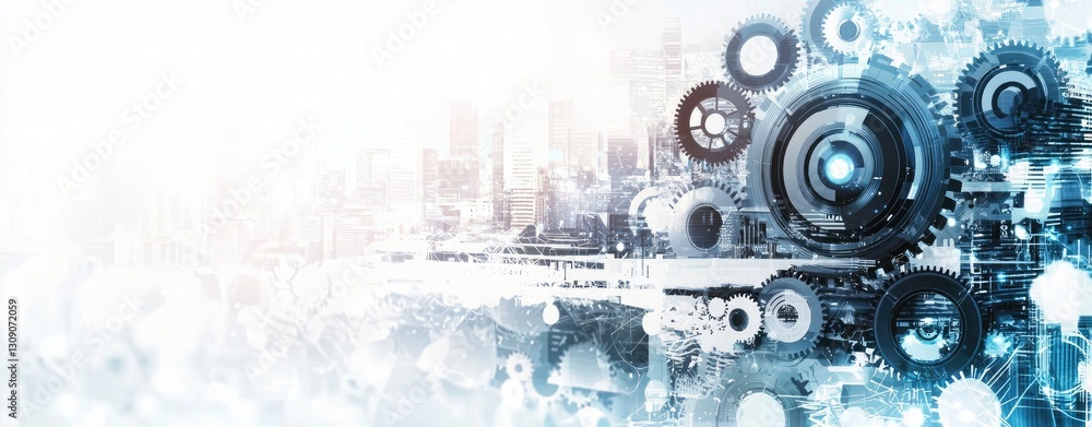 Obraz premium Conceptual image with cityscape and gear mechanism. Mixed media