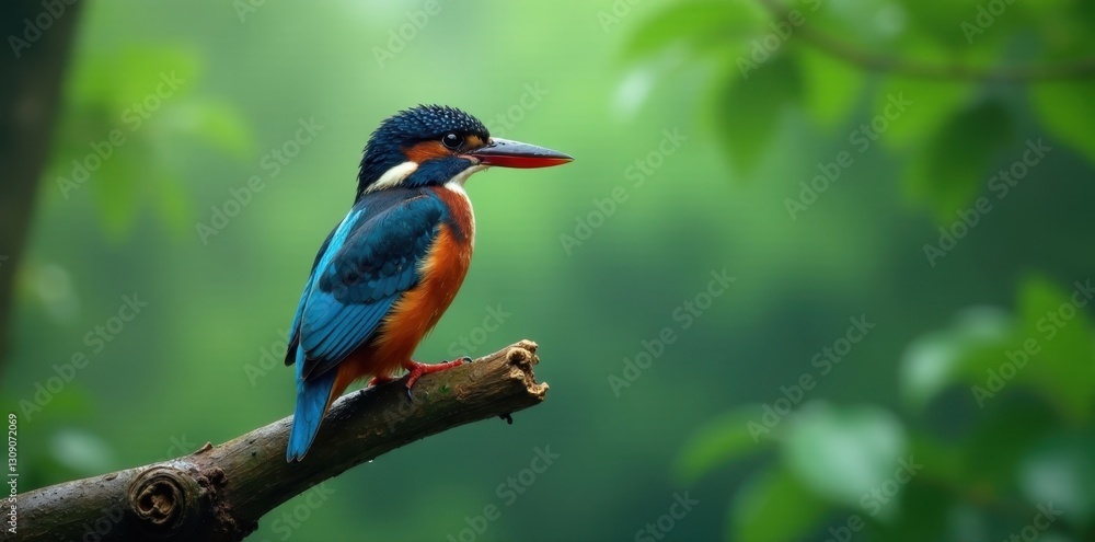 Obraz premium A Vibrant Kingfisher Perched on a Branch, Amidst Lush Green Foliage, Displaying its Striking Blue and Orange Plumage