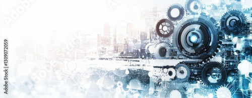 Conceptual image with cityscape and gear mechanism. Mixed media