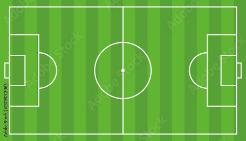 Green soccer field with white lines and goals. Vector icon