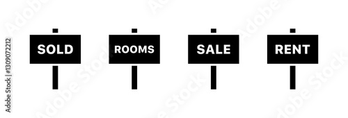 Black signs with text: sold, rooms, sale, rent - real estate concepts. Vector icon