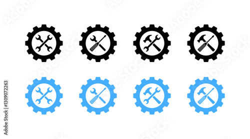 Set of black and blue gear icons with tools for maintenance and repair. Vector icon