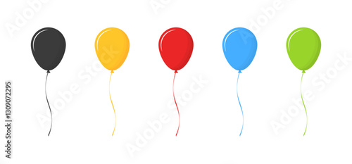 Colorful balloons row: black, yellow, red, blue, green on white background. Vector icon