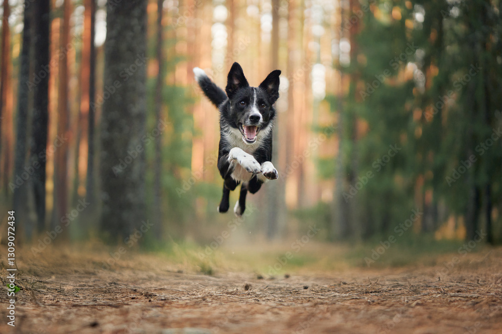 A Border Collie leaps energetically through a forest clearing with tall trees in the background. The bright environment emphasizes the dog athleticism and joy. A Border Collie leaps energetically through a forest clearing with tall trees in the background. The bright environment emphasizes the dog athleticism and joy.