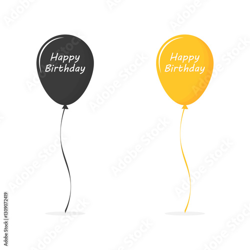 Black and yellow happy birthday balloons on white background. Vector icon