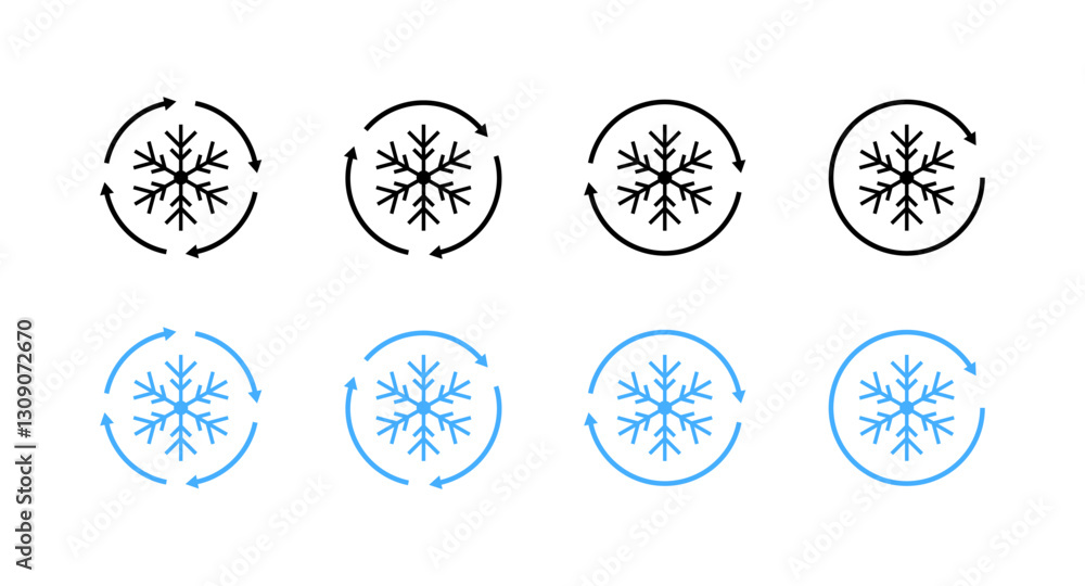 Set of eight snowflake icons with rotating arrows in black and blue. Vector icon Set of eight snowflake icons with rotating arrows in black and blue. Vector icon