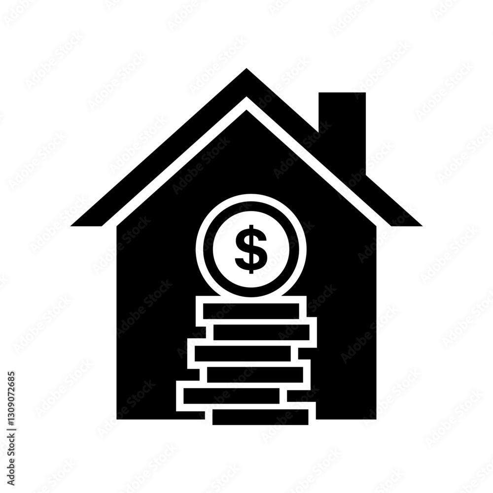 House and finance concept with stack of coins inside home logo design. Vector icon House and finance concept with stack of coins inside home logo design. Vector icon
