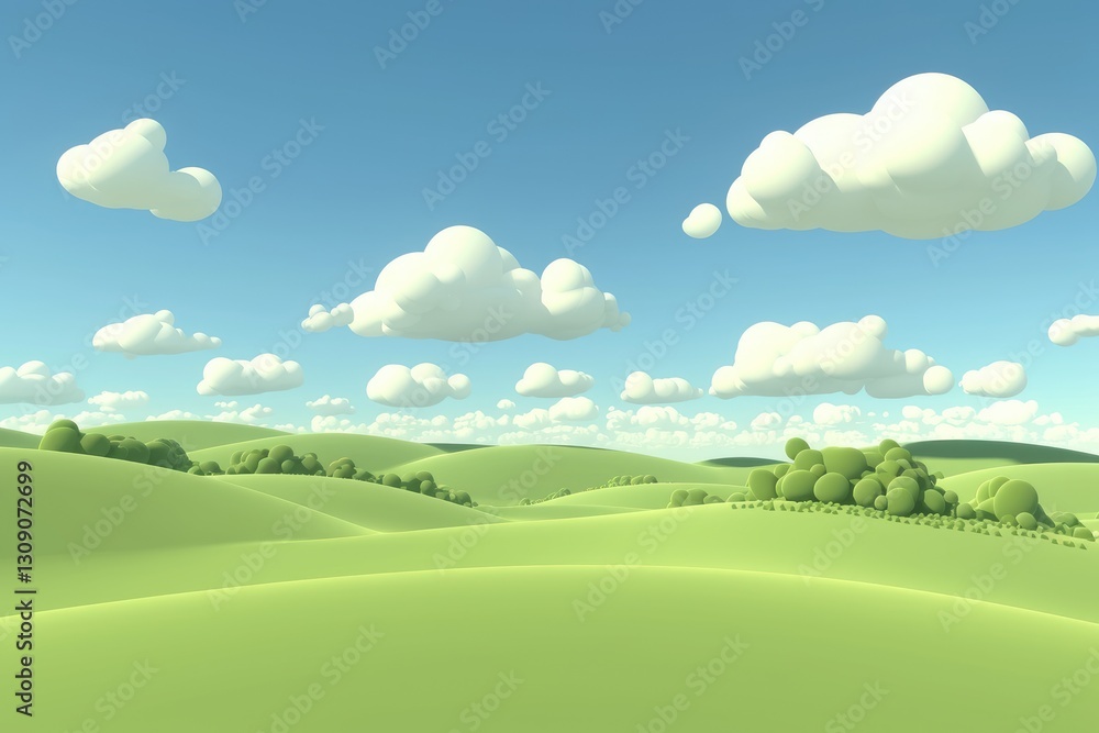 Obraz premium A cartoon image depicting a landscape with rolling green hills