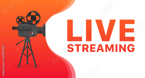 Retro film camera with live streaming text on gradient background. Vector icon