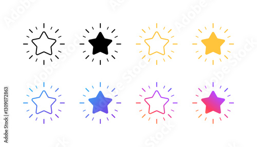 Colorful star icons with radiating lines in various styles. Vector icon