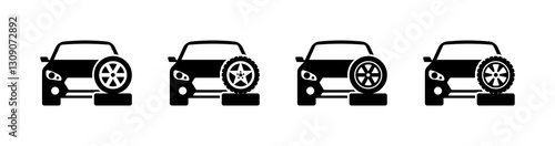 Car wheel icons set with various tire designs in black and white. Vector icon