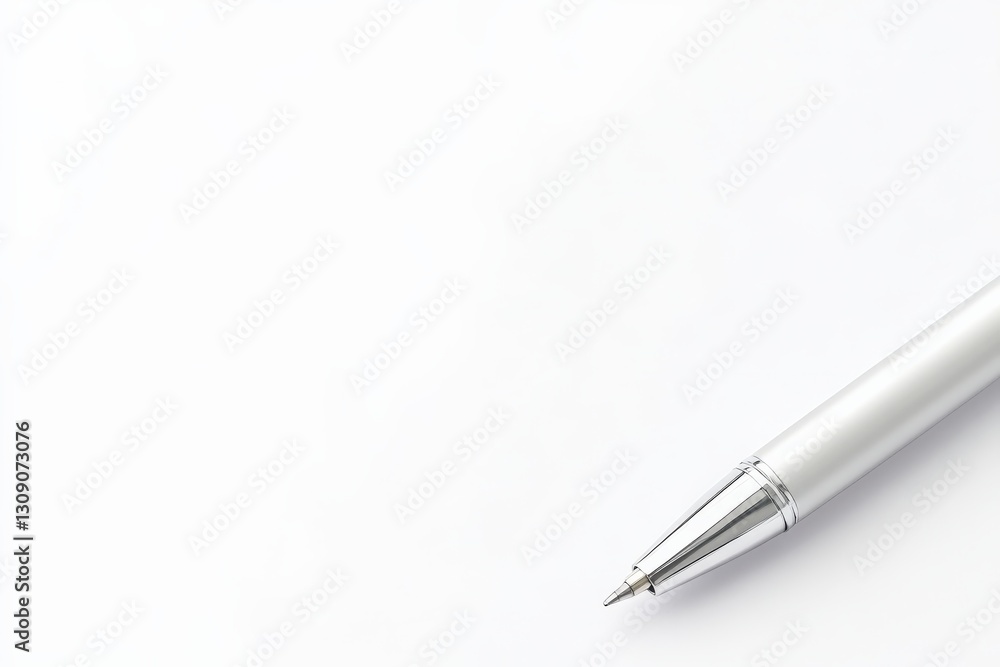 Silver Pen on White Paper: Minimalist Office Desk. Silver Pen on White Paper: Minimalist Office Desk.