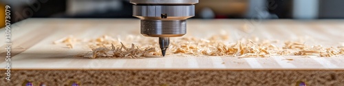 Close-up Of Industrial CNC Router Cutting Wood Woodworking, Carpentry, And Manufacturing Concept. photo