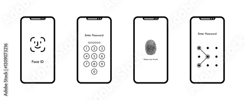 Smartphone authentication methods: face id, password, fingerprint, pattern lock. Vector icon