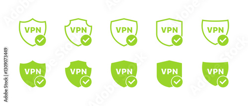 Green vpn shield icons with check mark indicating secure connection. Vector icon
