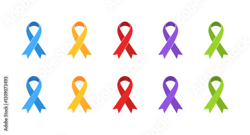 Set of colorful awareness ribbons representing various causes and campaigns. Vector icon